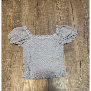 Cat & Jack Girls Top M 8 Blue Floral Smocked Puff Sleeve Ruffle Hem Blouse